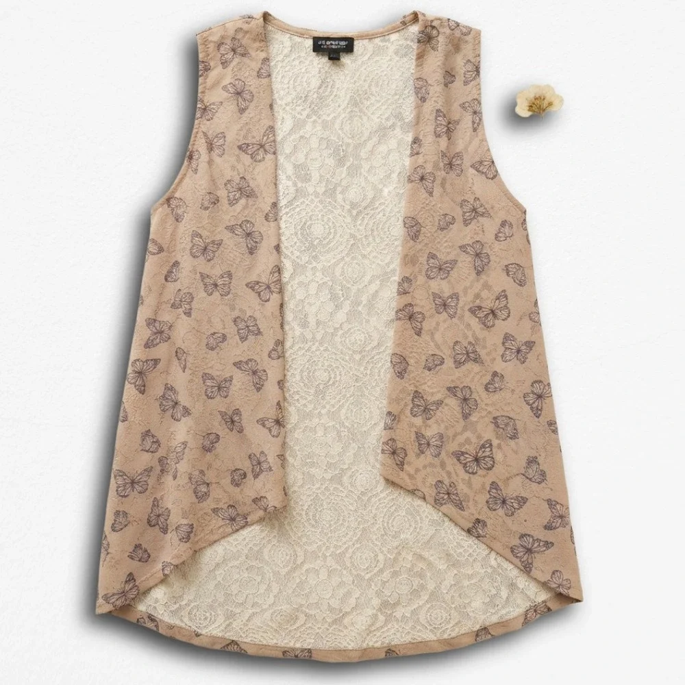 Beautees by Amy Byer Girls Tan Butterfly Lace Back Open Front Vest Size L 14
